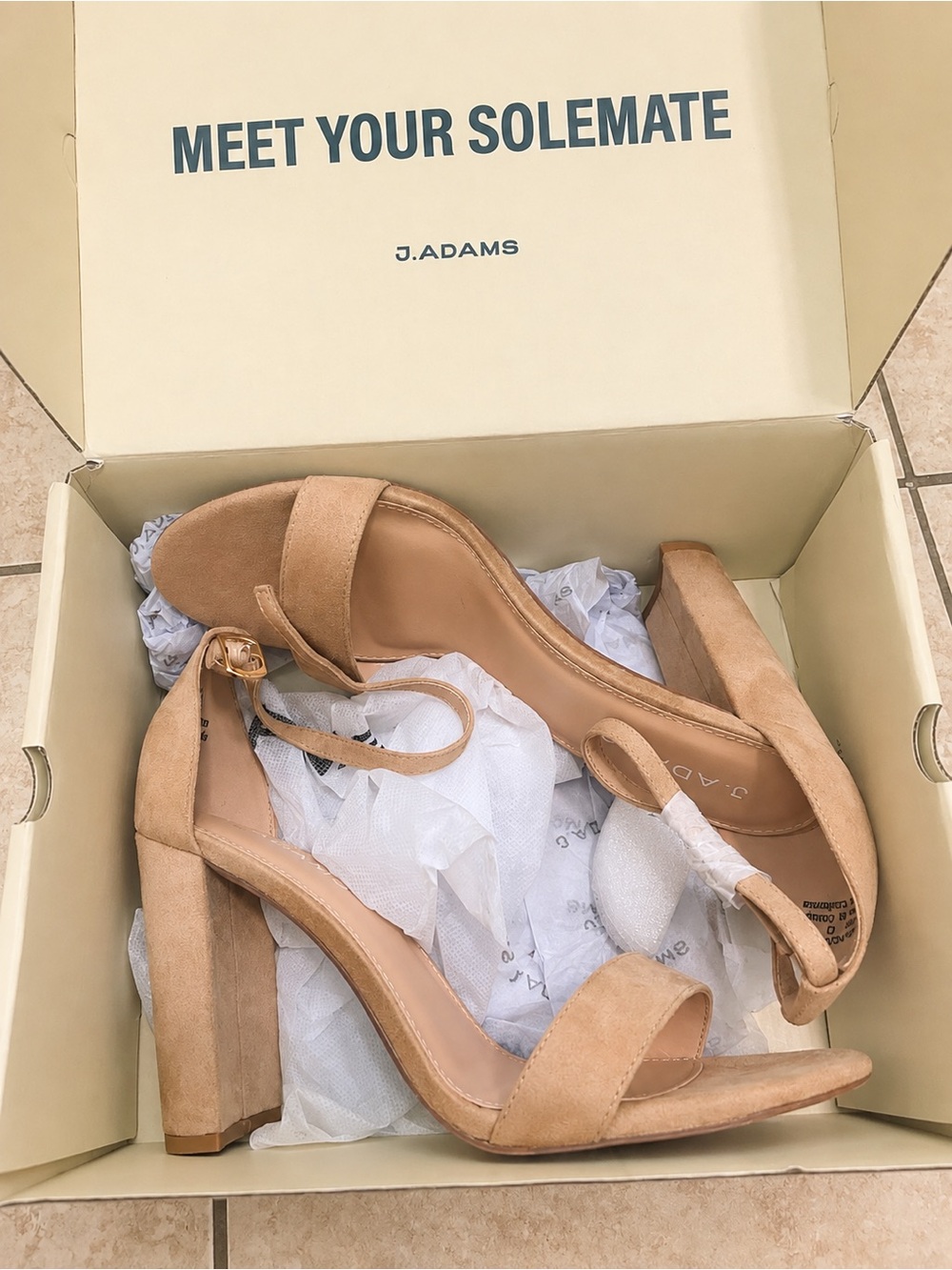 J. Adams Tan Suede Block Heel Sandals with Ankle Strap
